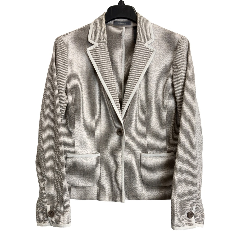 Liz Claiborne Tan White Striped Seersucker Blazer Jacket Womens‎ 10 Preppy Trim